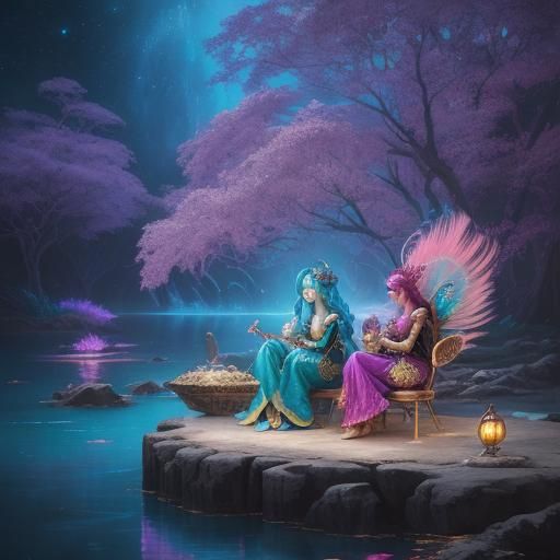 Peacock Feather Mermaid Fantasy Art in Vibrant Oil