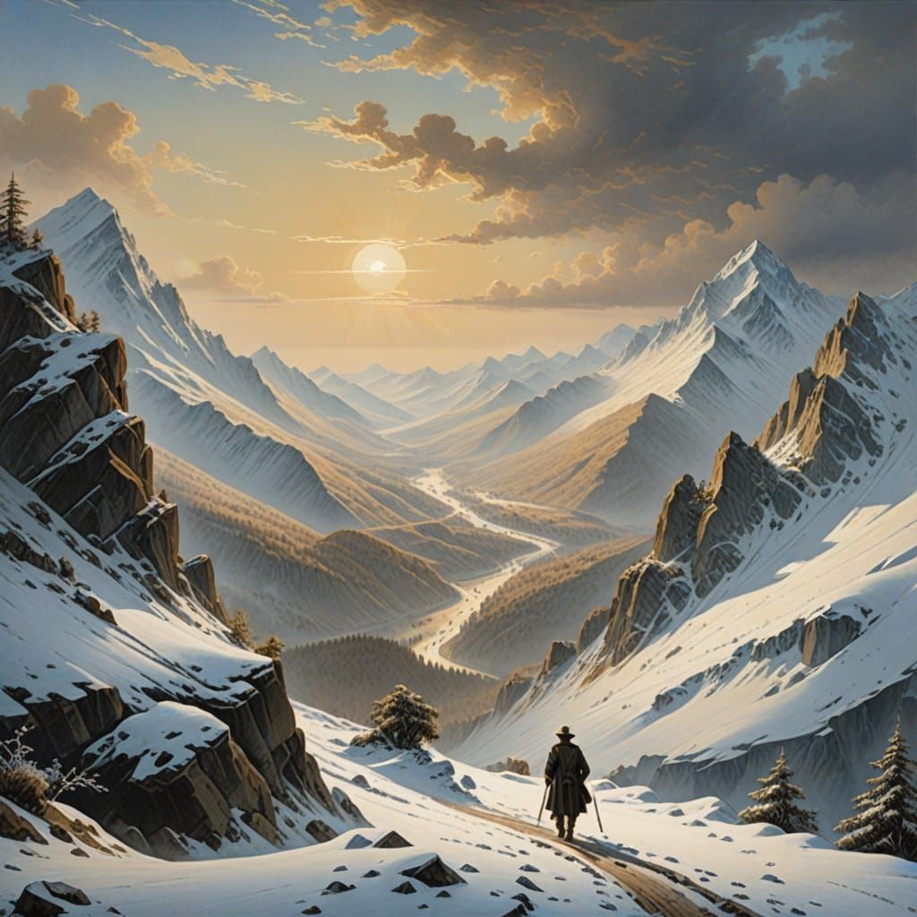 Lone Traveler in a Snow-Covered Mountain Pass, in the Style ...