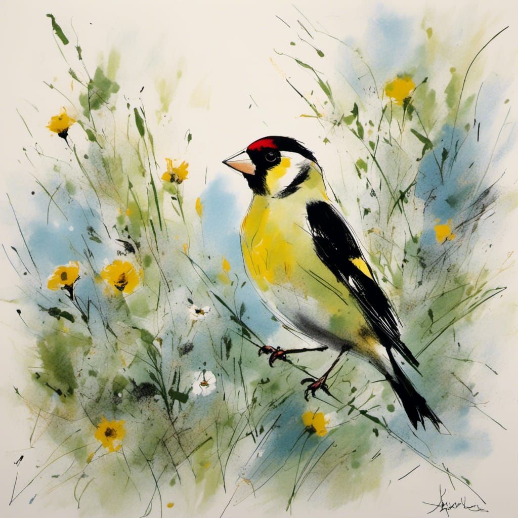 European Goldfinch in Flower Garden: Charcoal Gouache Art