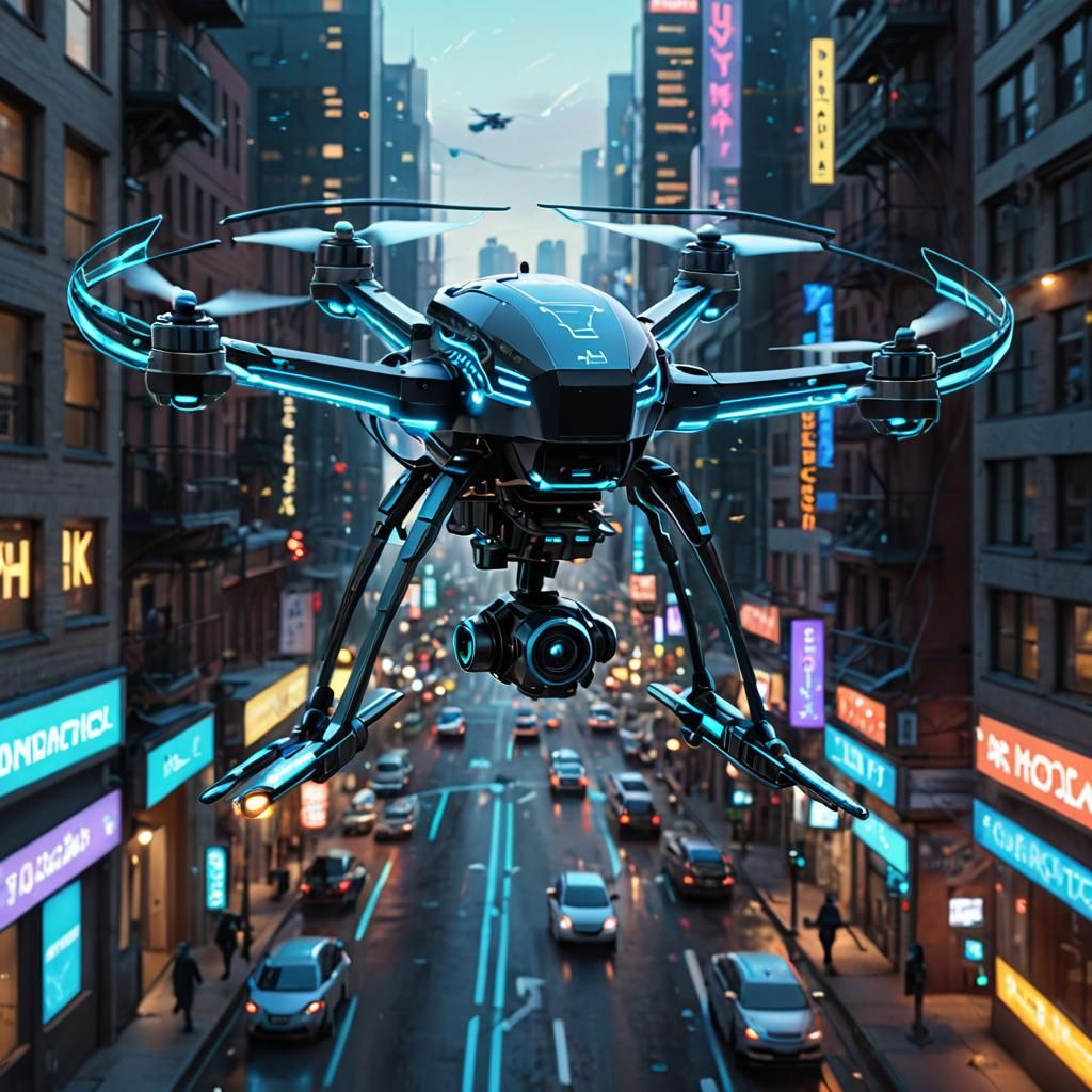 Futuristic AI Medical Drone in Neon Cityscape