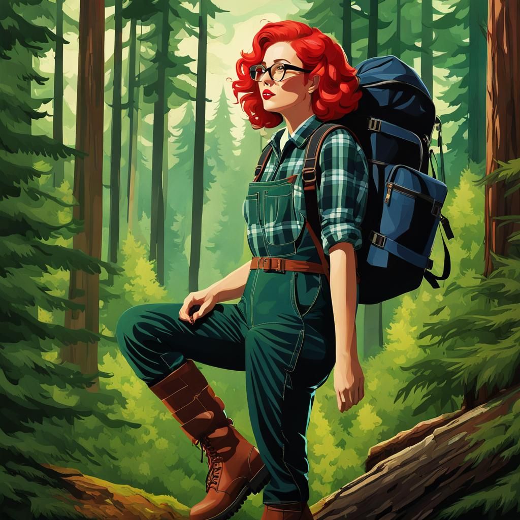 Art Deco Woman Hiking in Forest
