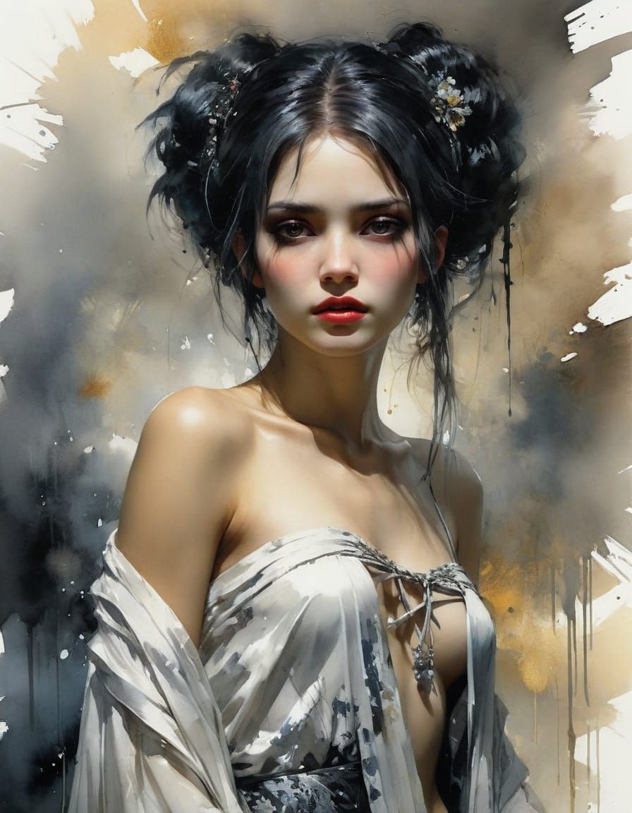 Goth Woman in Silk Robe, Watercolor Painting