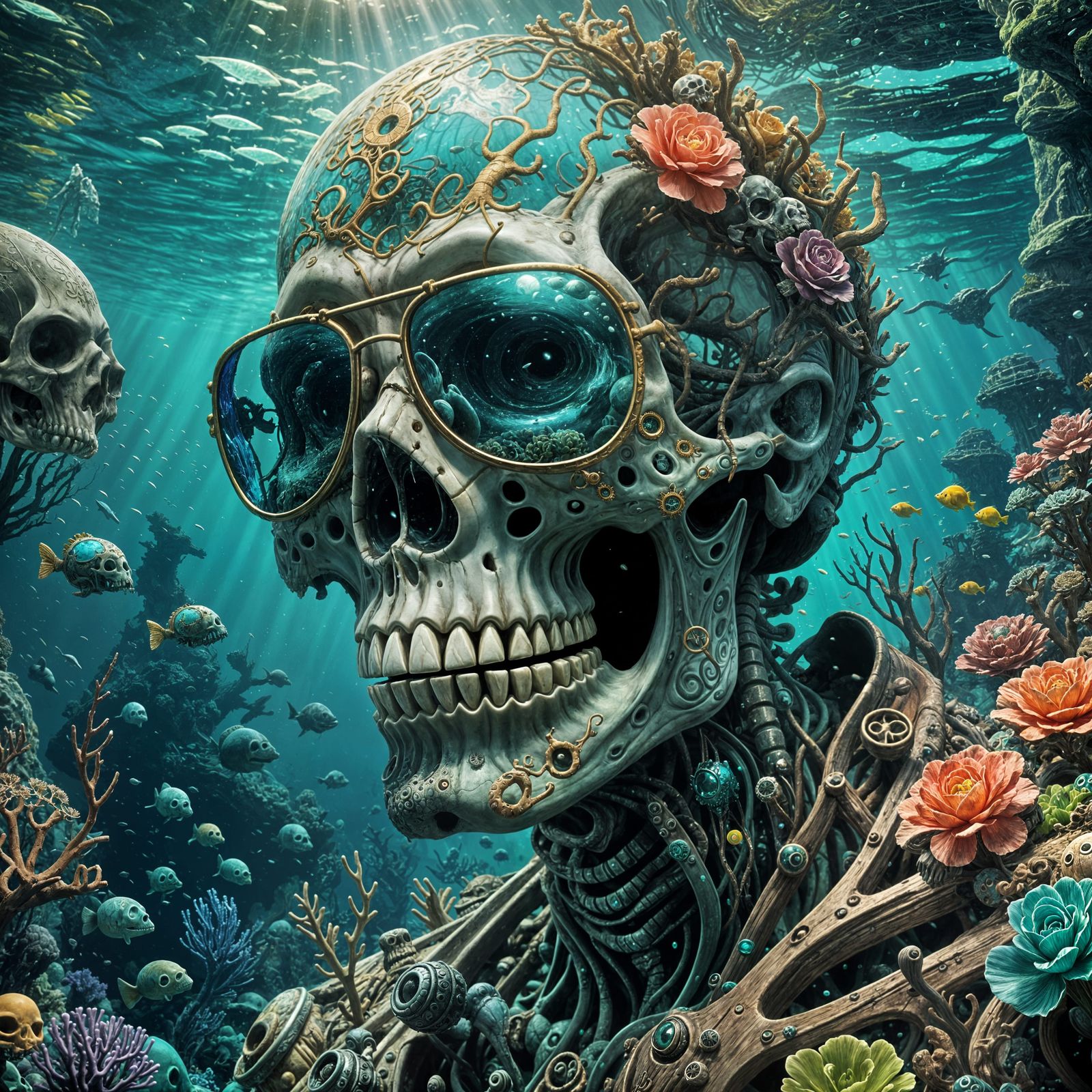 Skull with Bioluminescent Patterns Reflecting Shipwreck