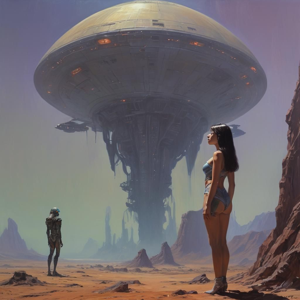 Alien Woman Gazes at Spaceship, Retro Sci-Fi Art
