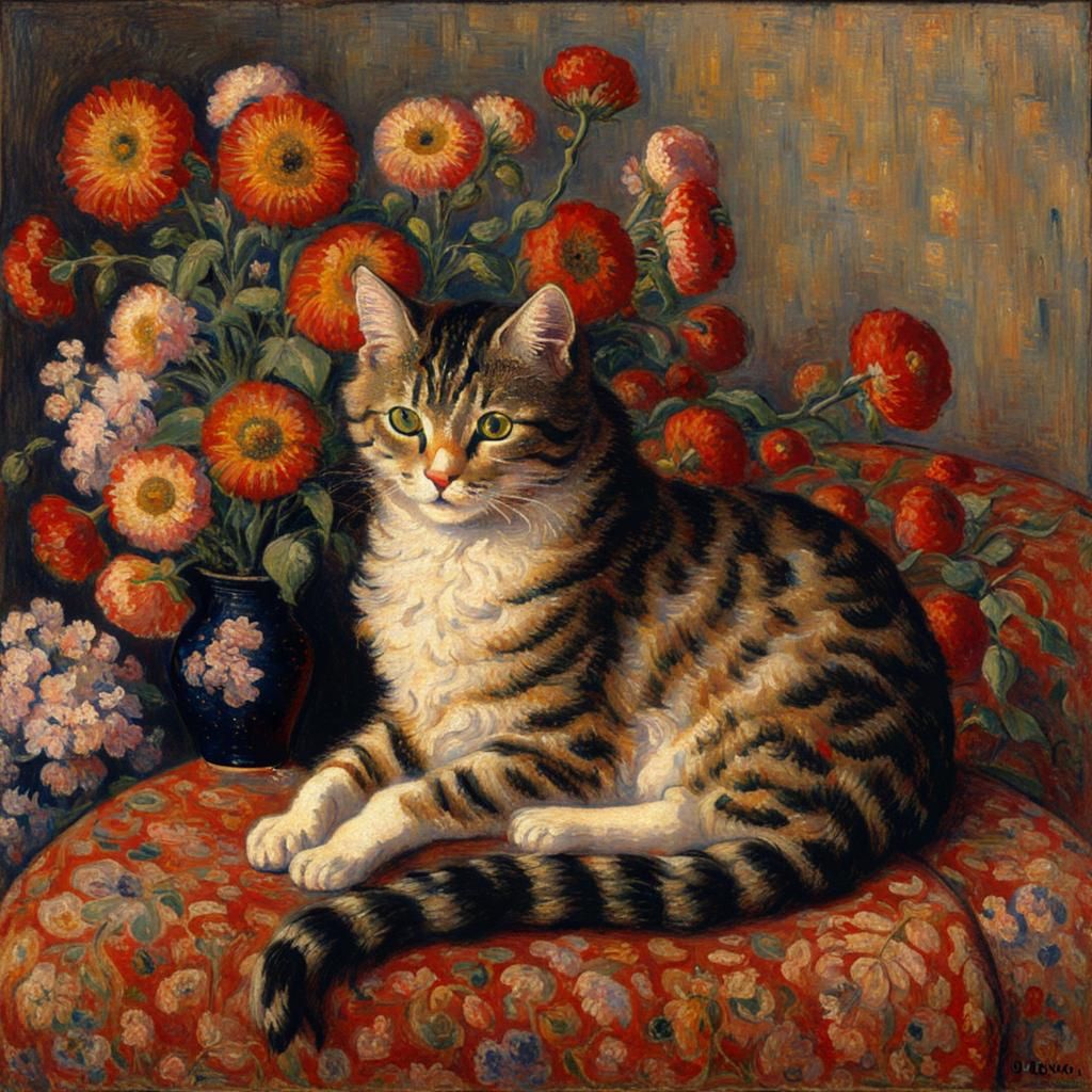 Cat with Flowers in Neo-Impressionist Style