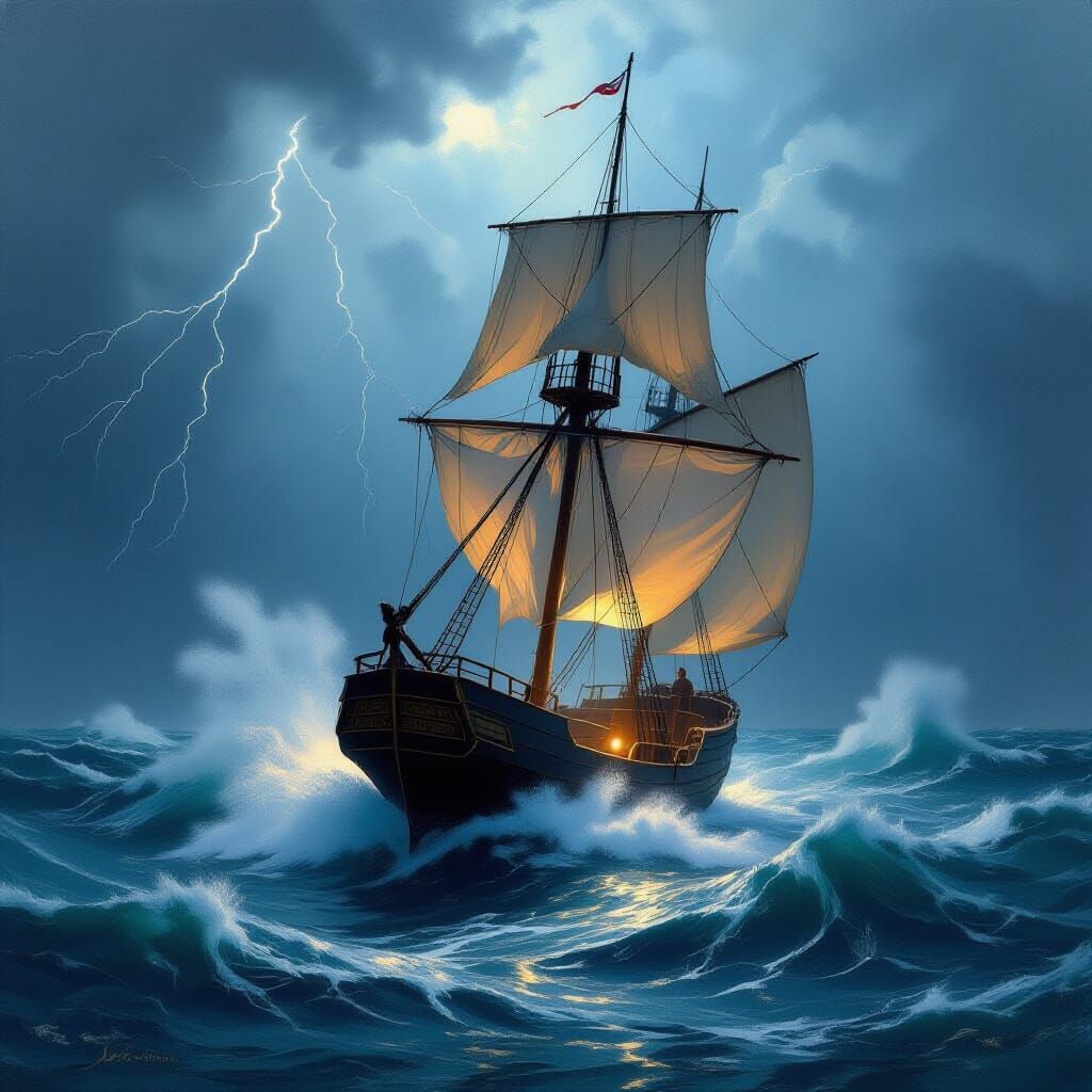 Boat Sails Stormy Seas in Classic Maritime Painting Style