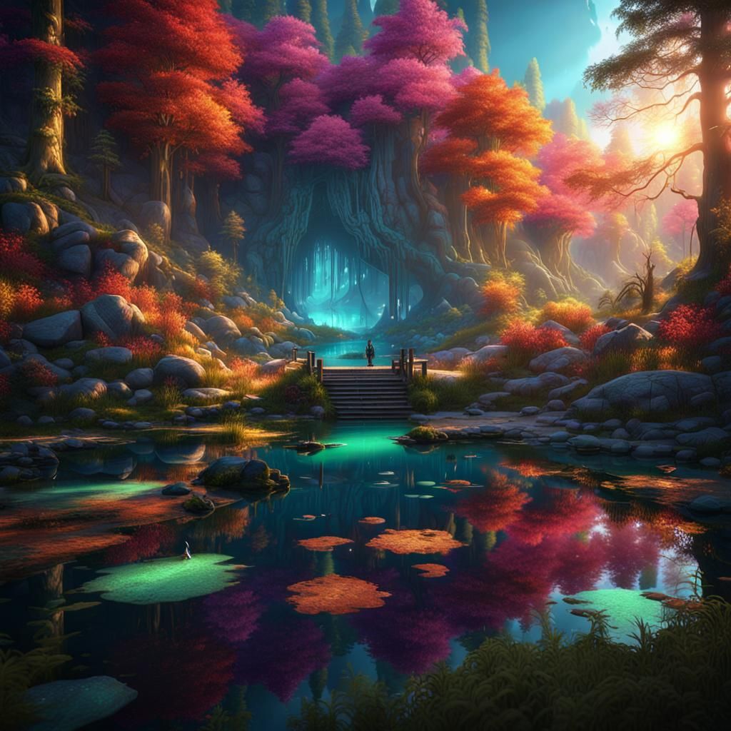 Glowing Lake in Colorful Fantasy Forest