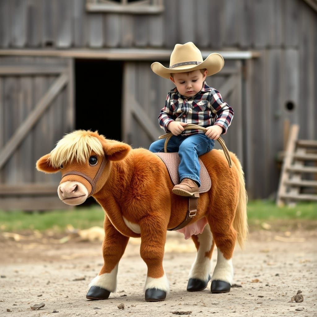 Cowboy Baby Calf and Boy in Rodeo Fun