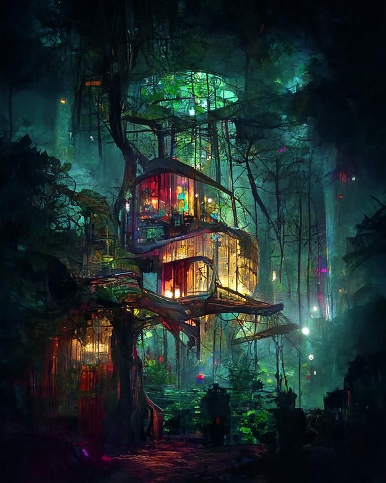 Enchanted Cyberpunk Treehouse in Forest Concept Art
