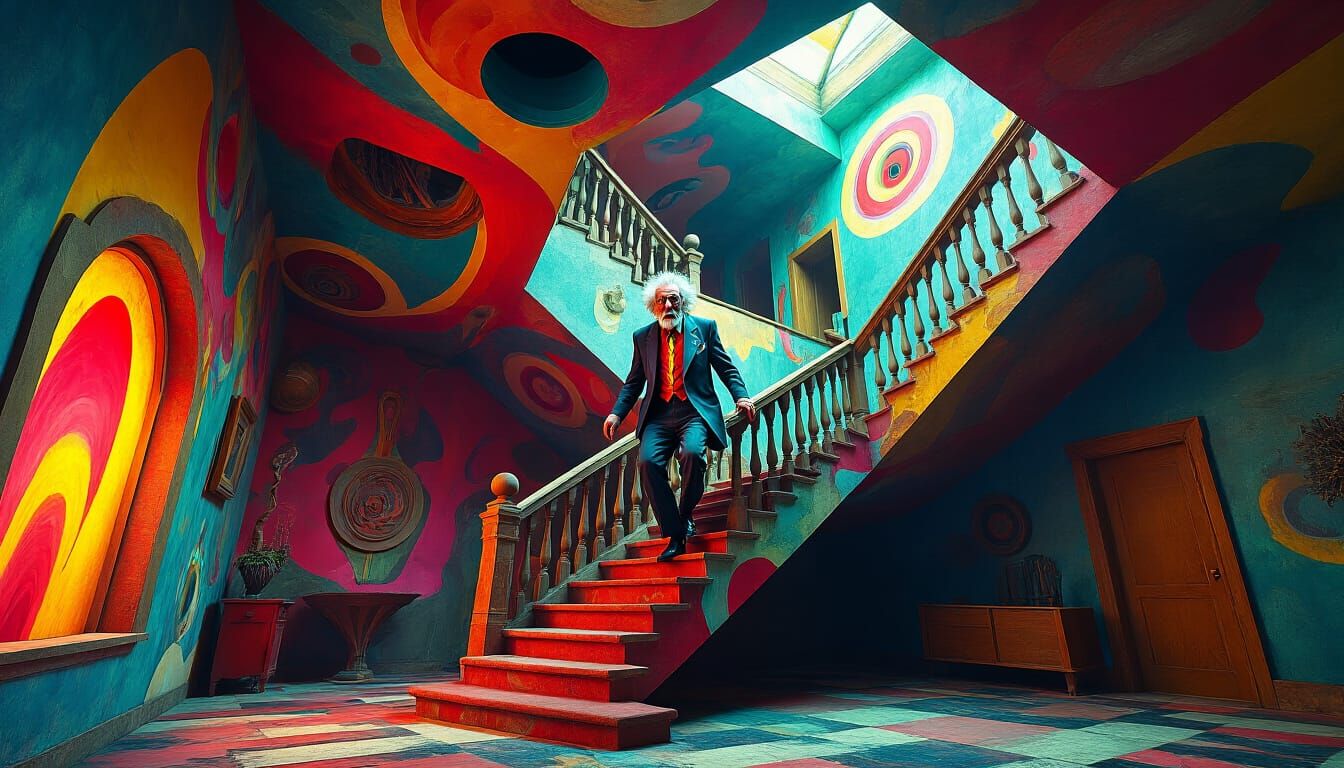 Abstract House with Eccentric Man in Vibrant Colors