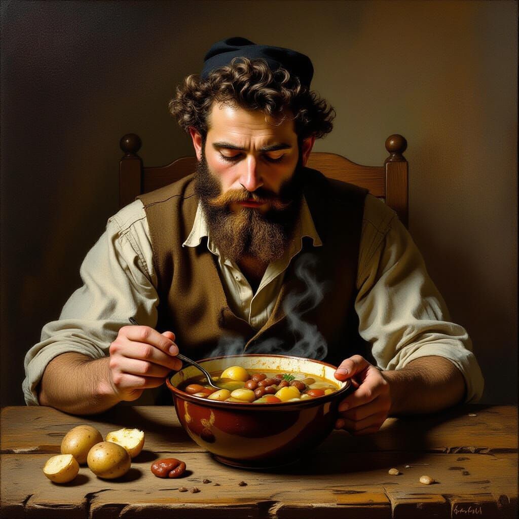 Man Savoring Cholent in Warm Realism Style