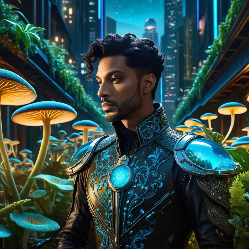 Lunarpunk Prince in Bioluminescent City, Digital Art