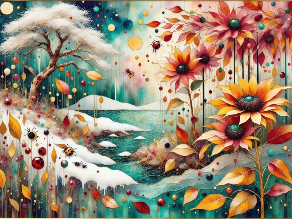 Ethereal Convergence of Seasons in Vibrant Floral Landscape