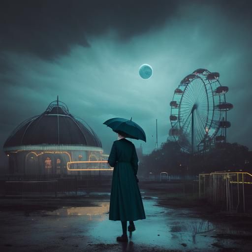 Ominous Moon Over Abandoned Amusement Park