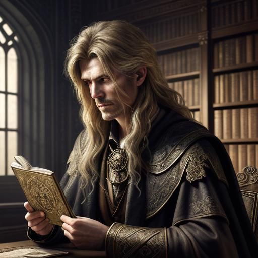 Wizard Holding Tarot Card in Ornate Study