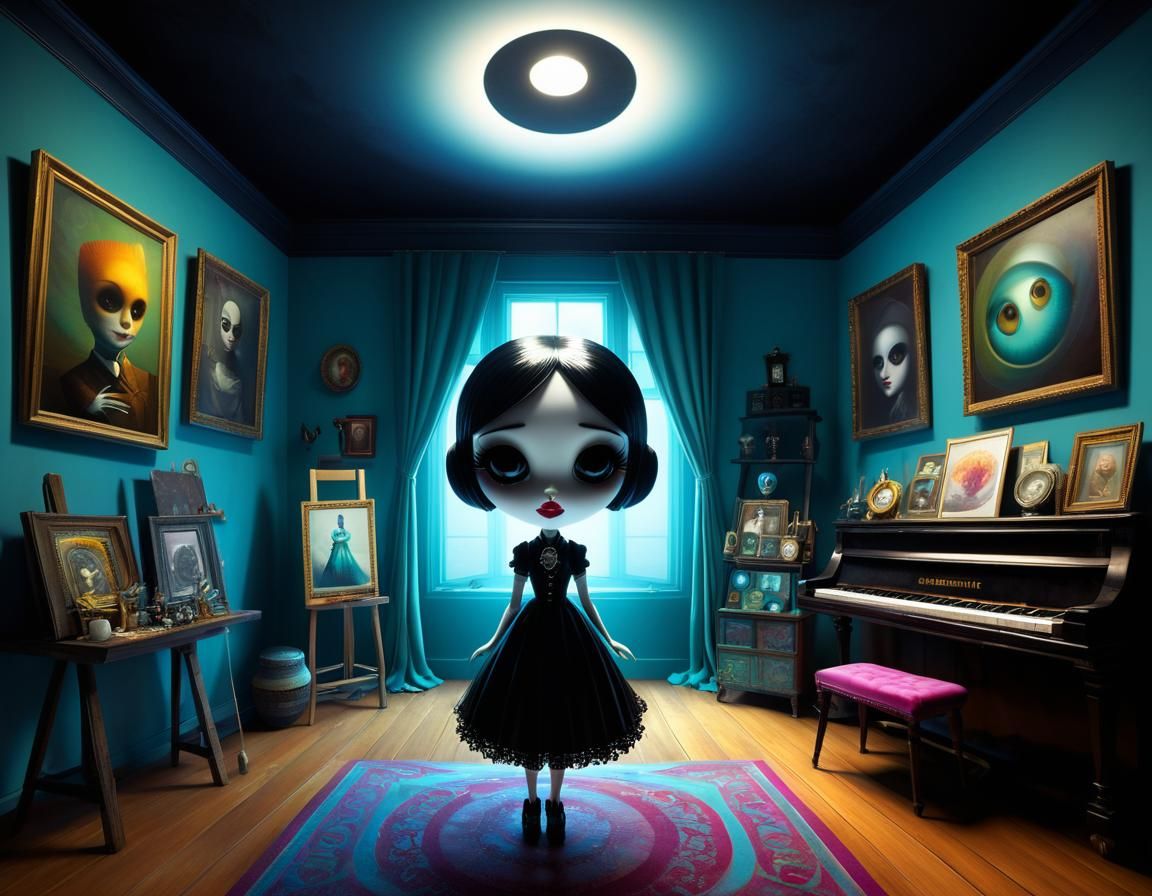 Surreal Goth Girl Animatronic Painter in Art Studio