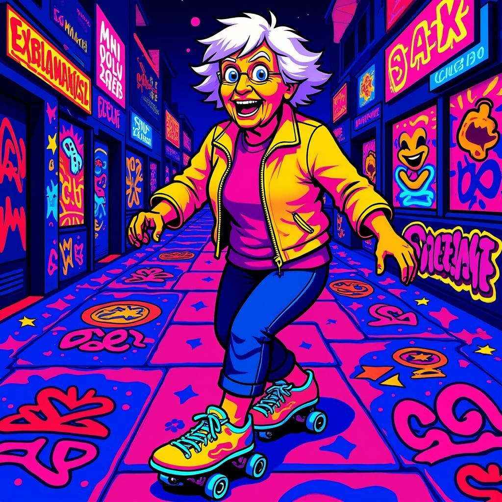 Elderly Woman Roller Skating on Graffiti Sidewalk