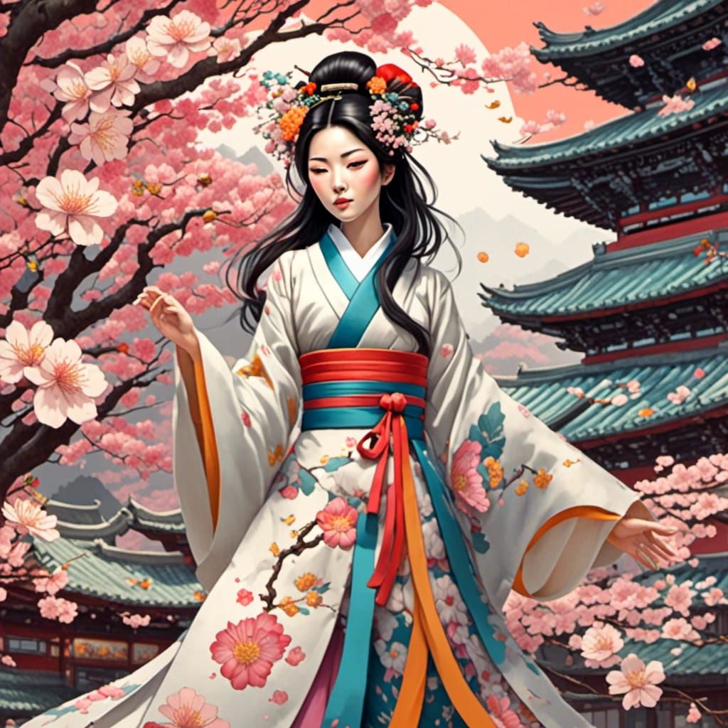 Anime Korean Queen in Traditional Ink Painting Style