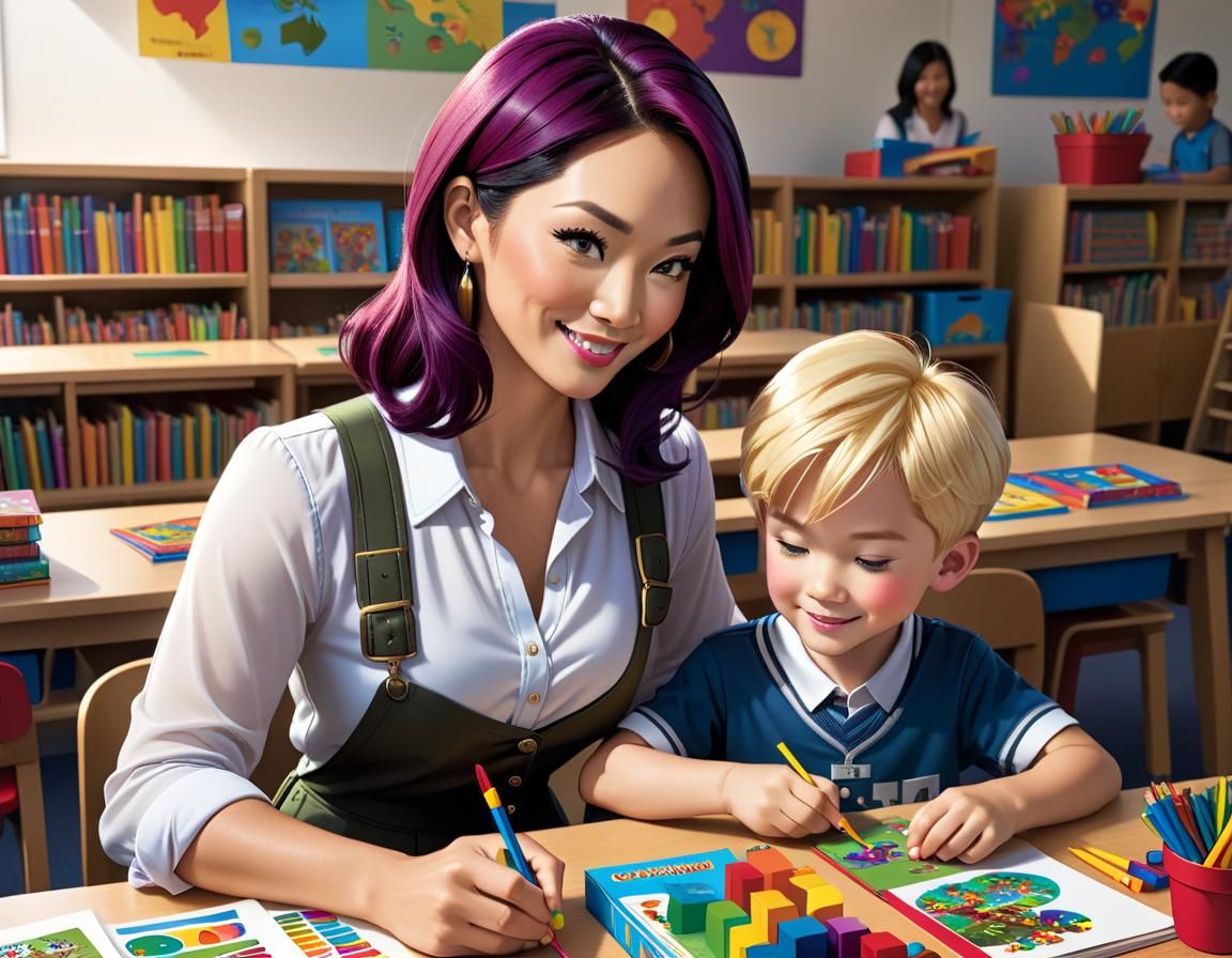 Kindergarten Teacher Helping Student, Comic Book Art