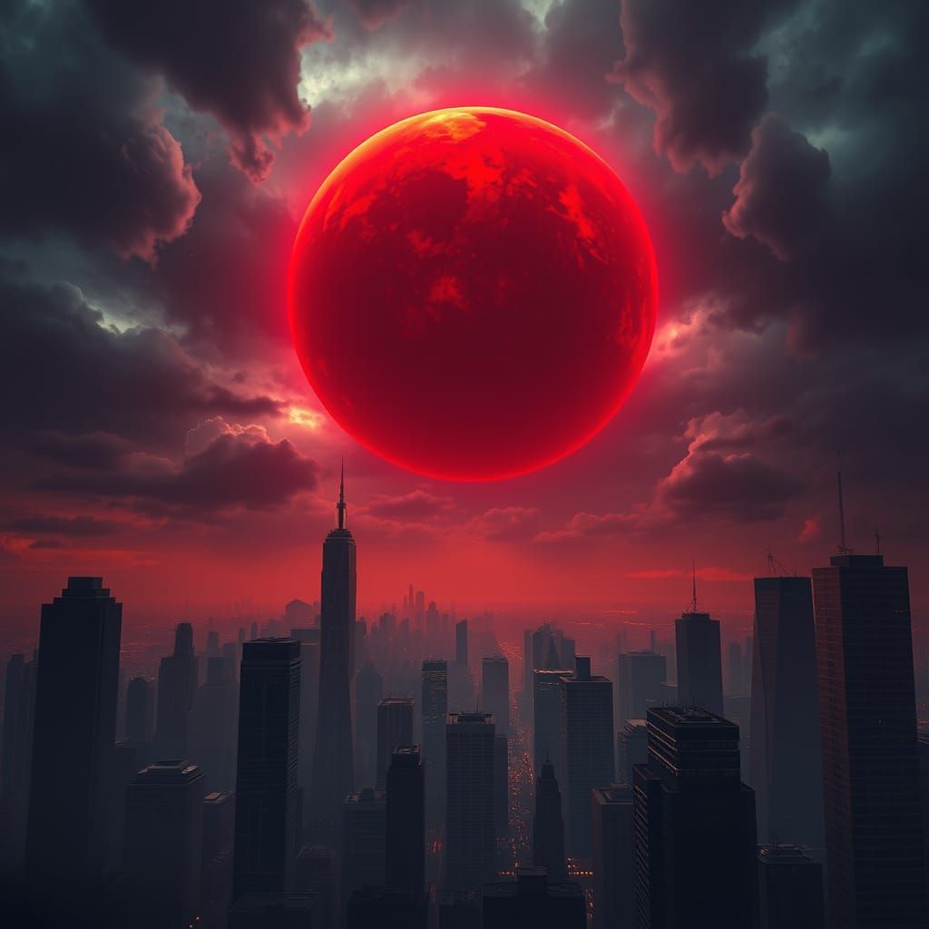 Ominous Red Orb Over Cityscape in Fantasy Art Style