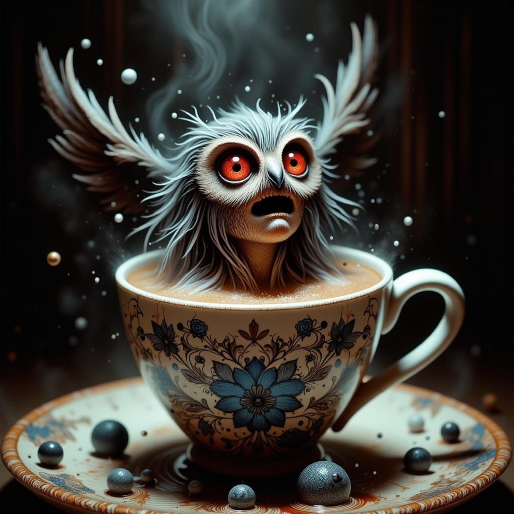Sleepless Owl Drowning in Steaming Coffee Mug