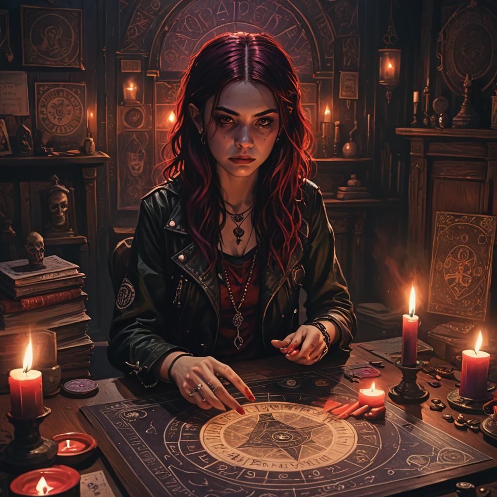 Teenage Girl and Ouija Board in Dark Fantasy