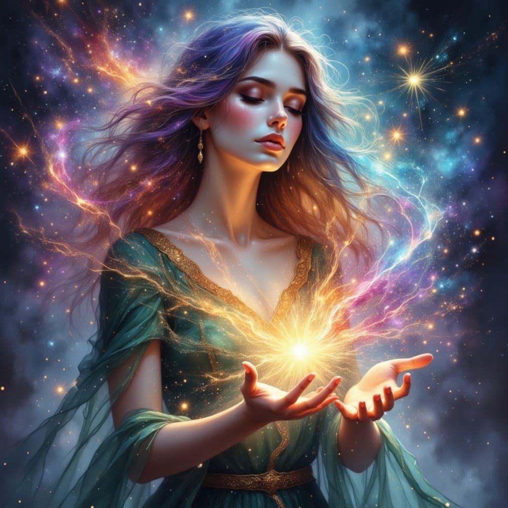 Ethereal Sorceress Weaving Rainbow Light Spell