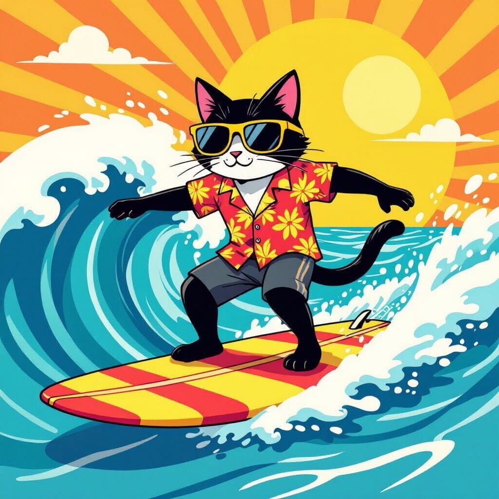 Cool Cat Surfing in Style of Takashi Murakami