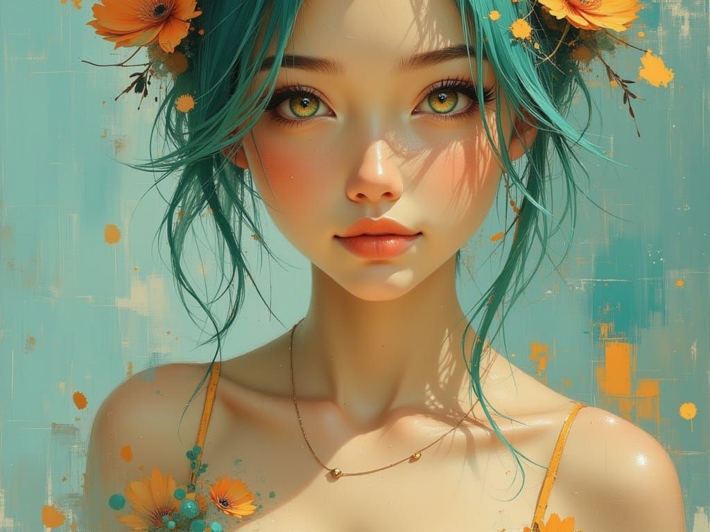 K-Pop Idol with Teal Hair and Floral Outfit