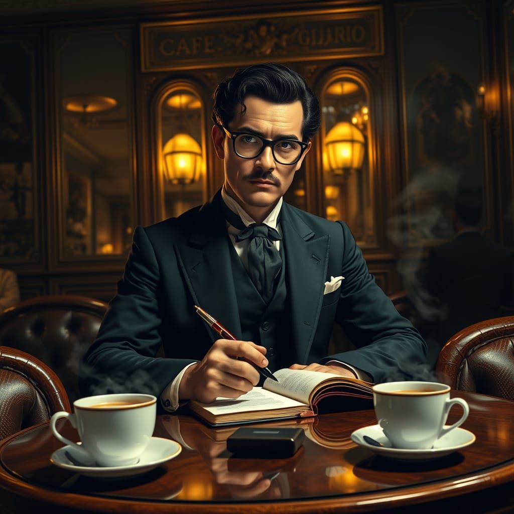 Leopoldo Alas "Clarín" in Cafée Gijón, Hyperrealistic Portra...