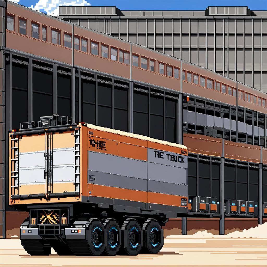 Futuristic Armored Warehouse and Cargo Truck in Pixel Art