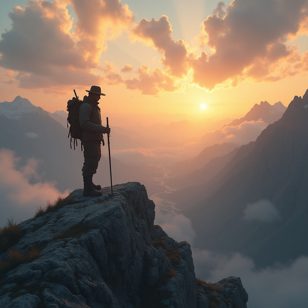 Traveler on Mountain Peak at Sunset in Detailed Matte Painti...