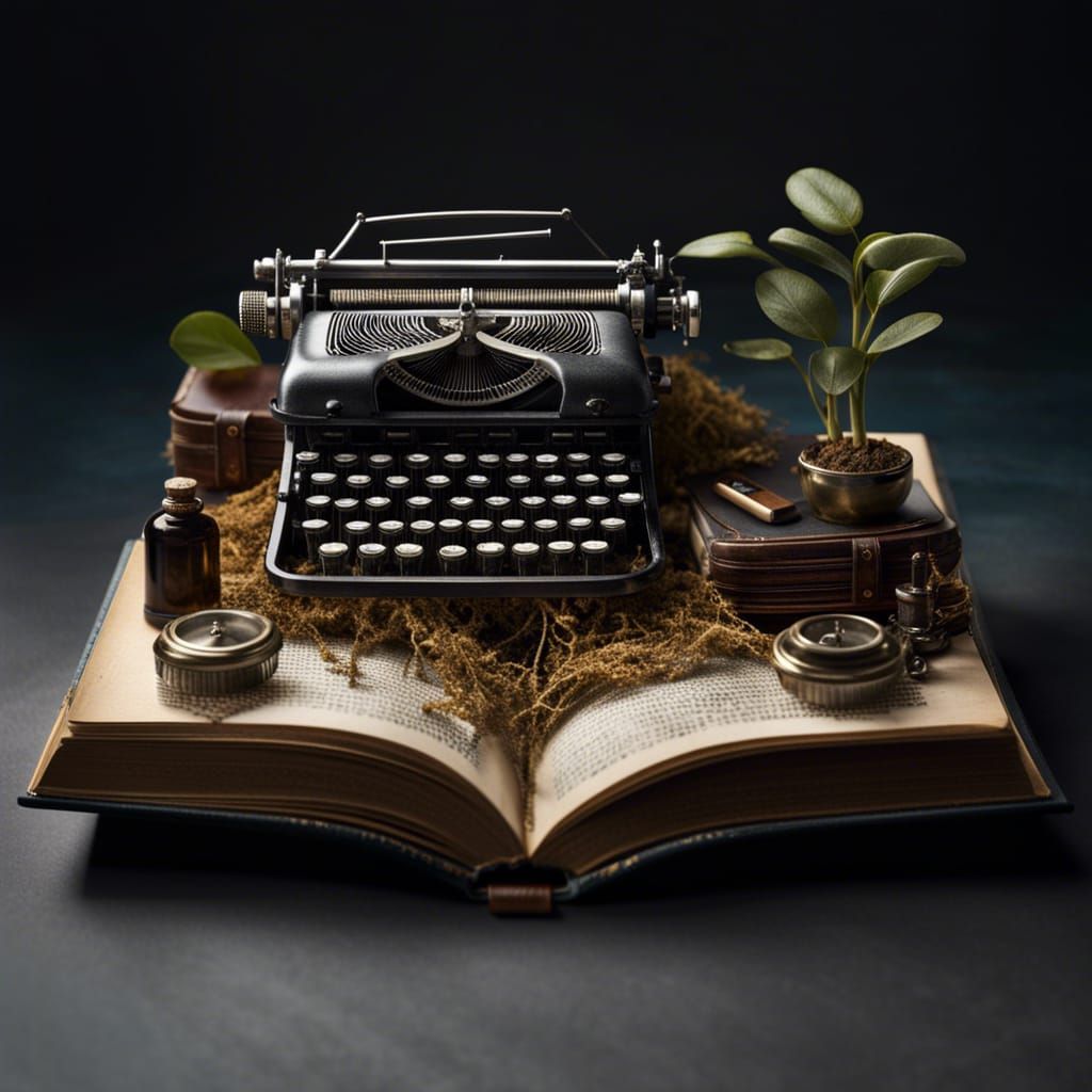 Miniature Typewriter Growing in Open Book Pages