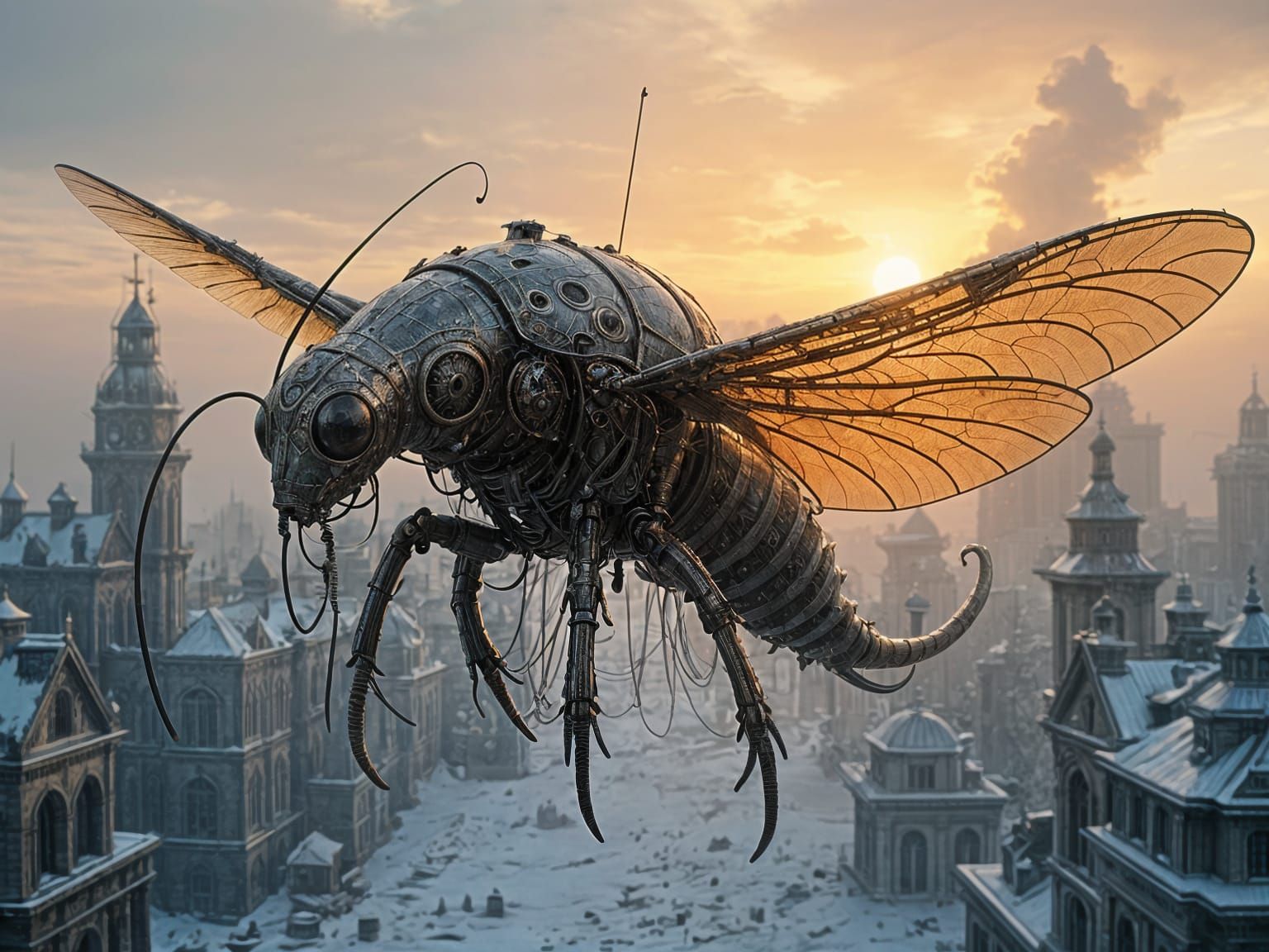 Winged Alien Robot over Ruined City in Hyperrealism