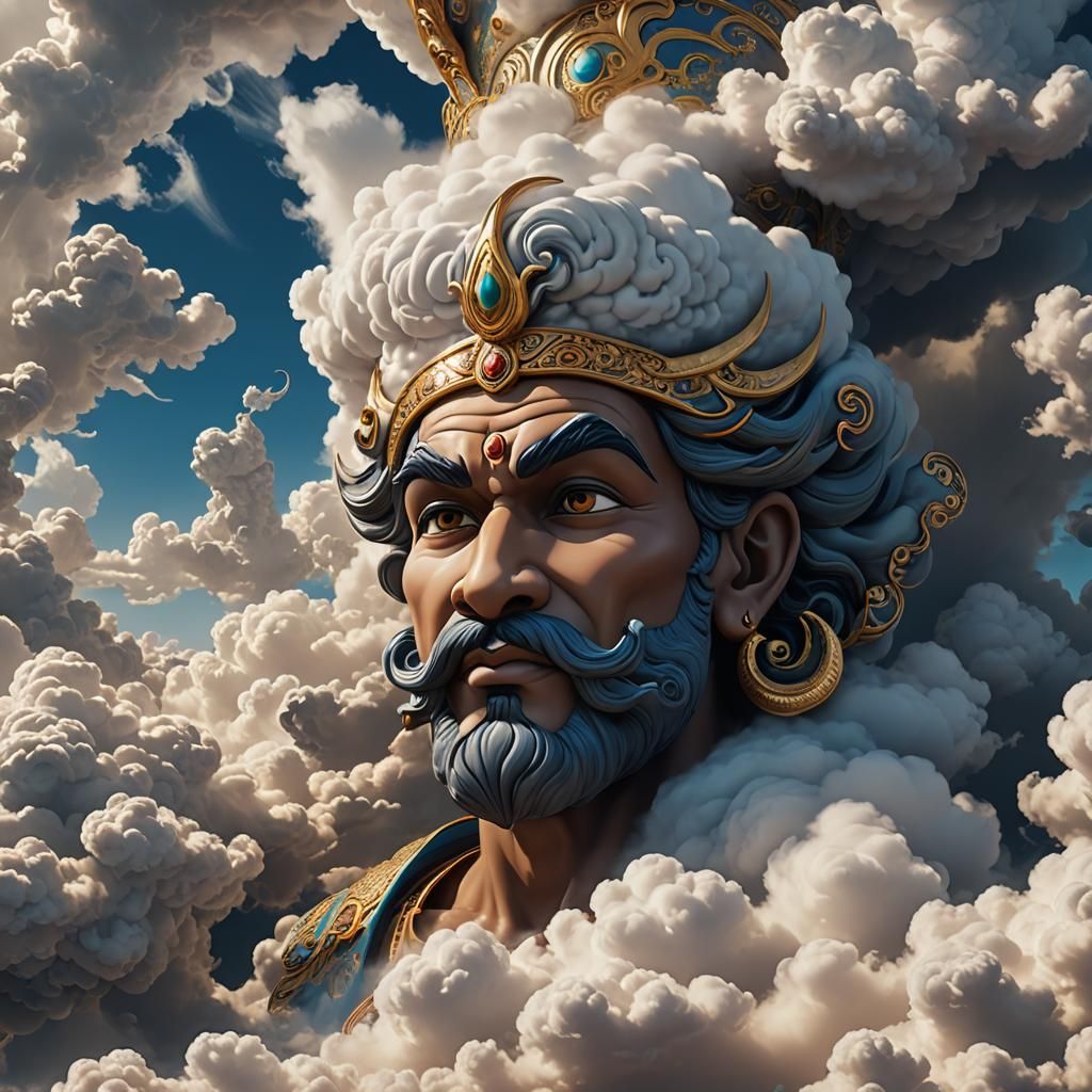 A 3D scene where a genie's face emerges from swirling clouds...