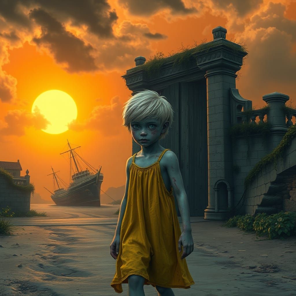 Zombie Boy Walks Deserted Road in Eerie Port