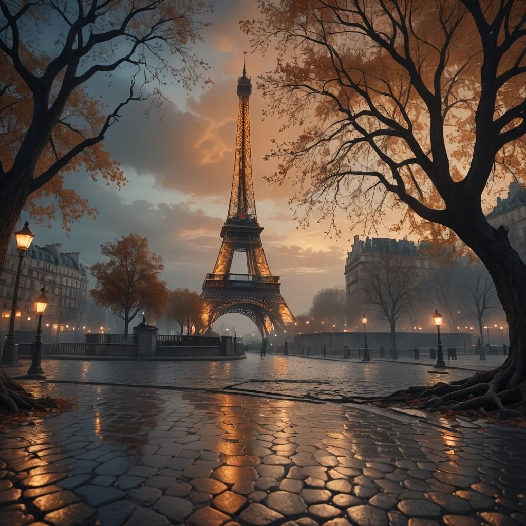 Eiffel Tower Fantasy Matte Painting at Sunset