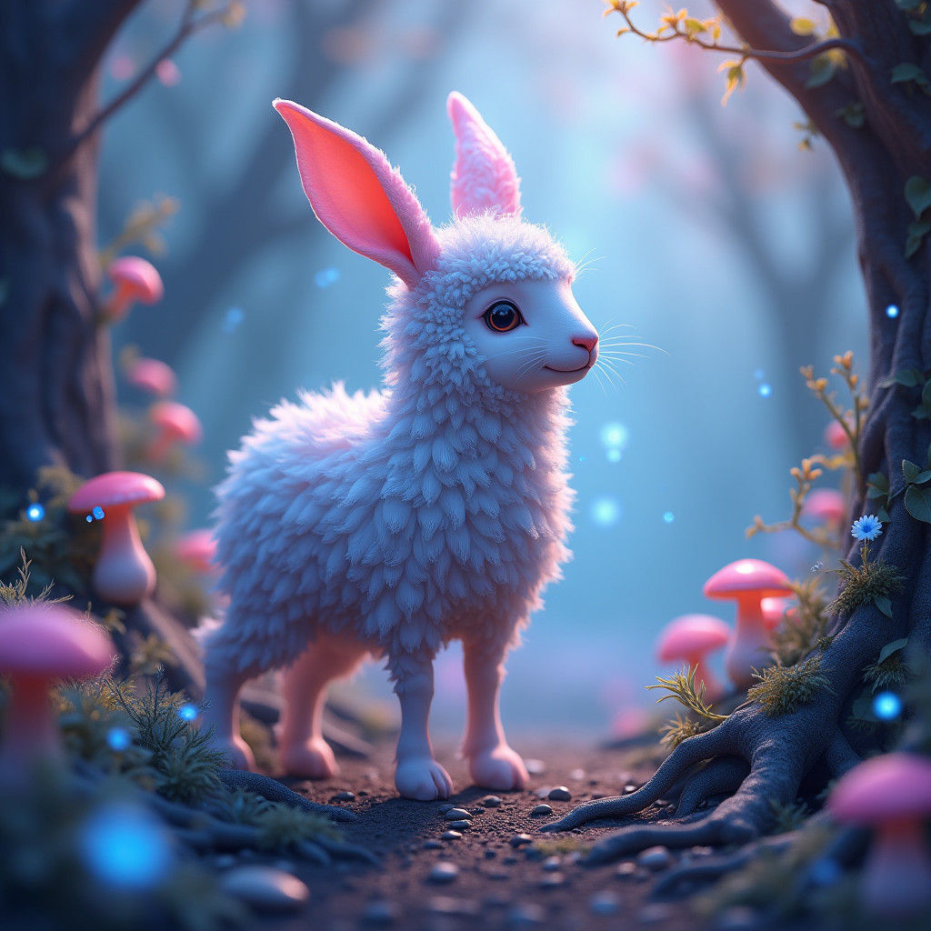 Enchanted Sheep-Rabbit Hybrid in Fantastical Landscape