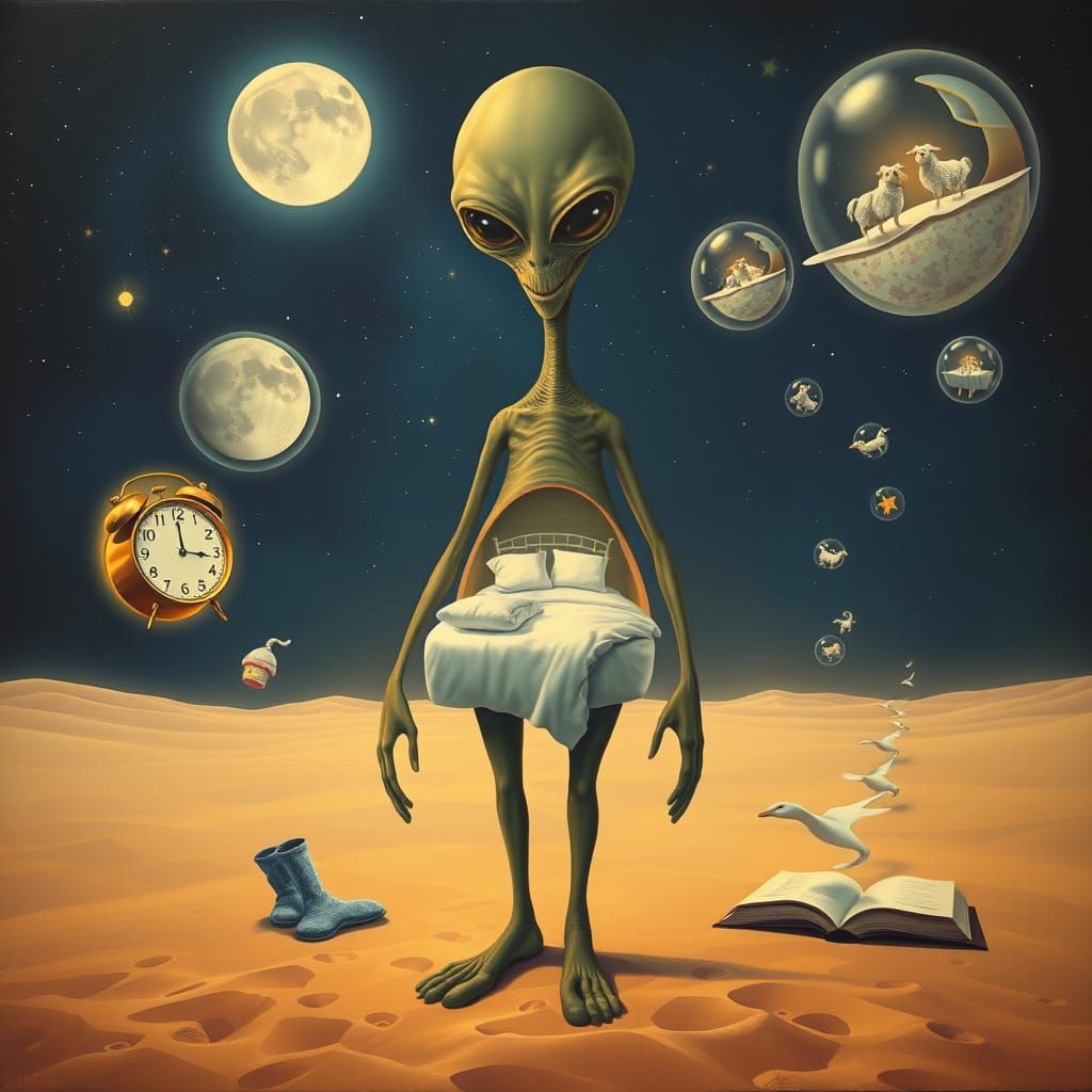 Surreal Alien Figure in Dreamlike Desert, Dalí-Inspired