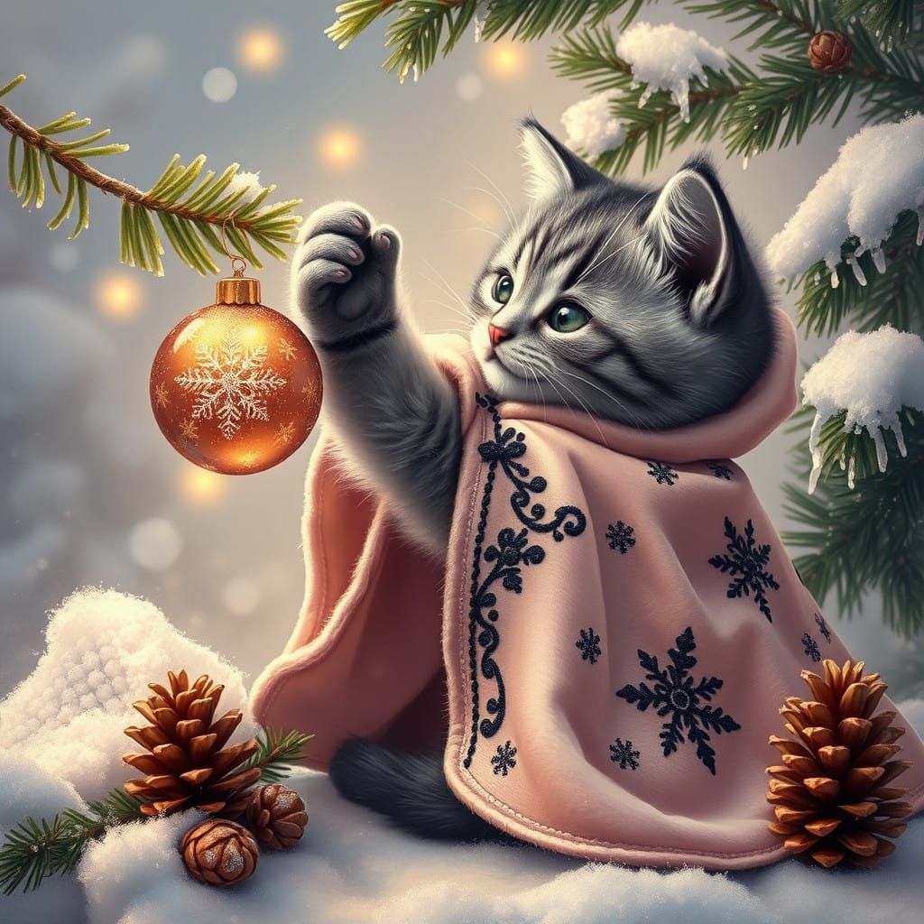 A Whimsical Grey Kitten in Velvet Cloak Teases a Christmas O...