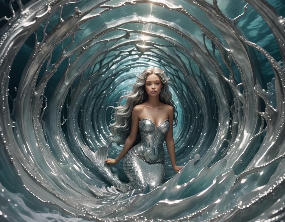 Hyperrealistic Silver Mermaid in Wave Tunnel