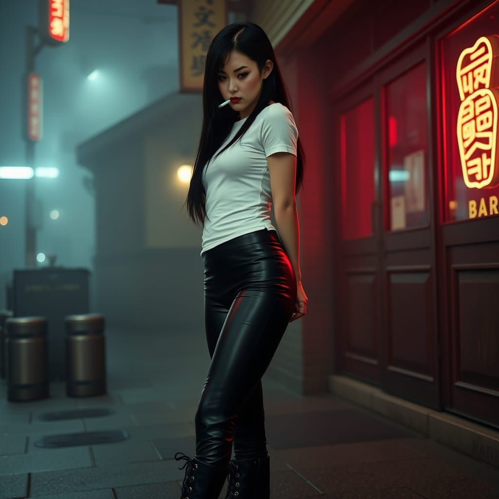 Elegant Woman in a Neon-Drenched Night Scene