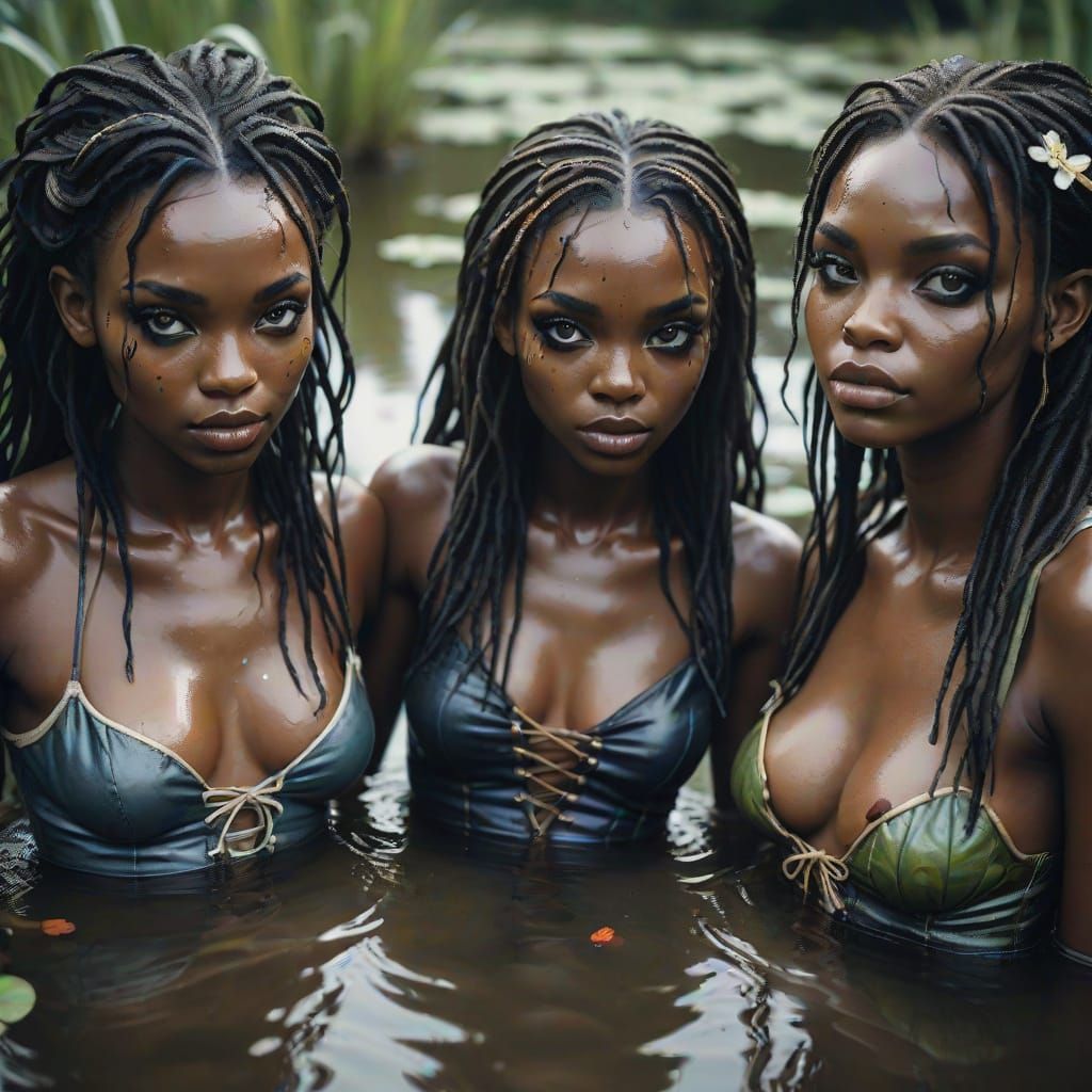 Surreal Ebony Nymphs in Dreamlike Comic Book Art
