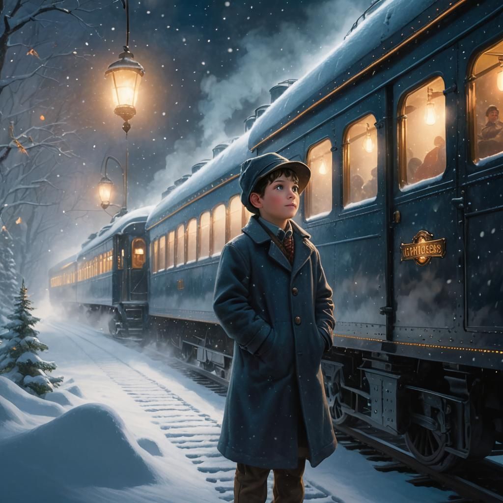 Boy and Polar Express in Ethereal Winter Landscape