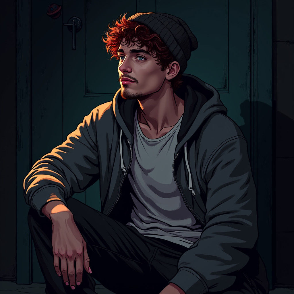 Relaxed Man in Dimly Lit, Comic-Style Setting