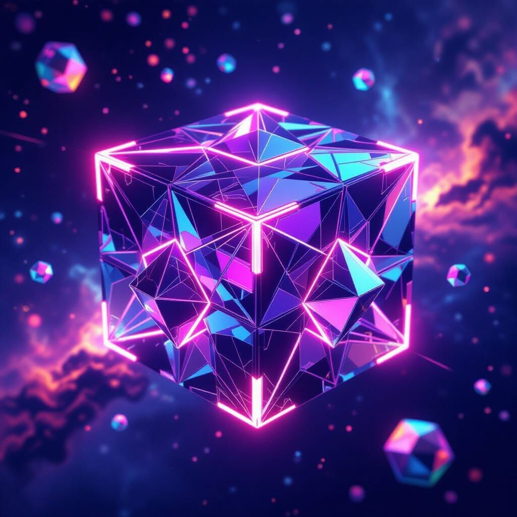 Futuristic Glowing Cube In Space, Cyberpunk Sci-Fi Art