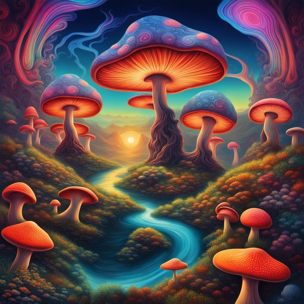 Psychedelic Mushroom Landscape in Synthwave Style
