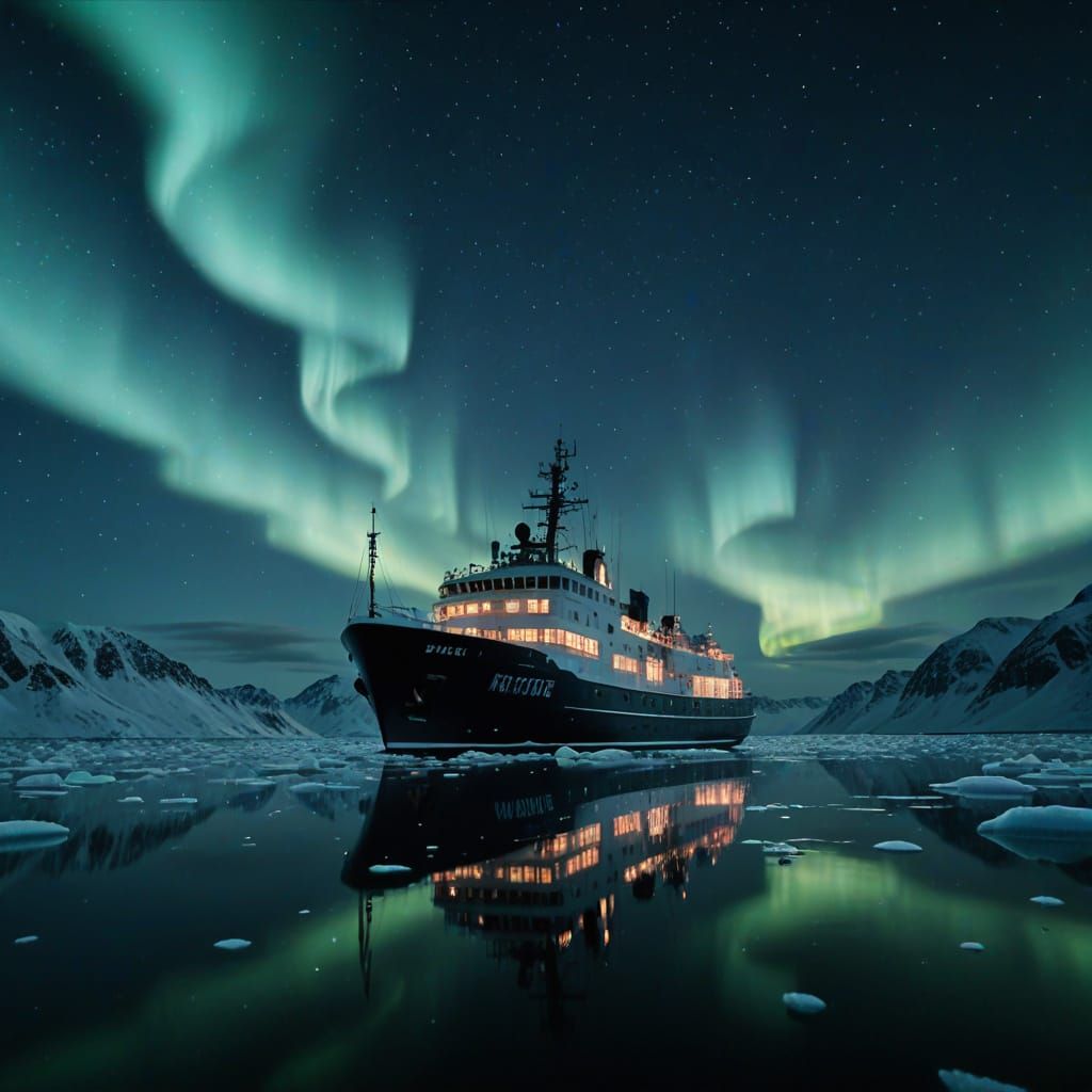 Arctic Research Vessel Under Northern Lights