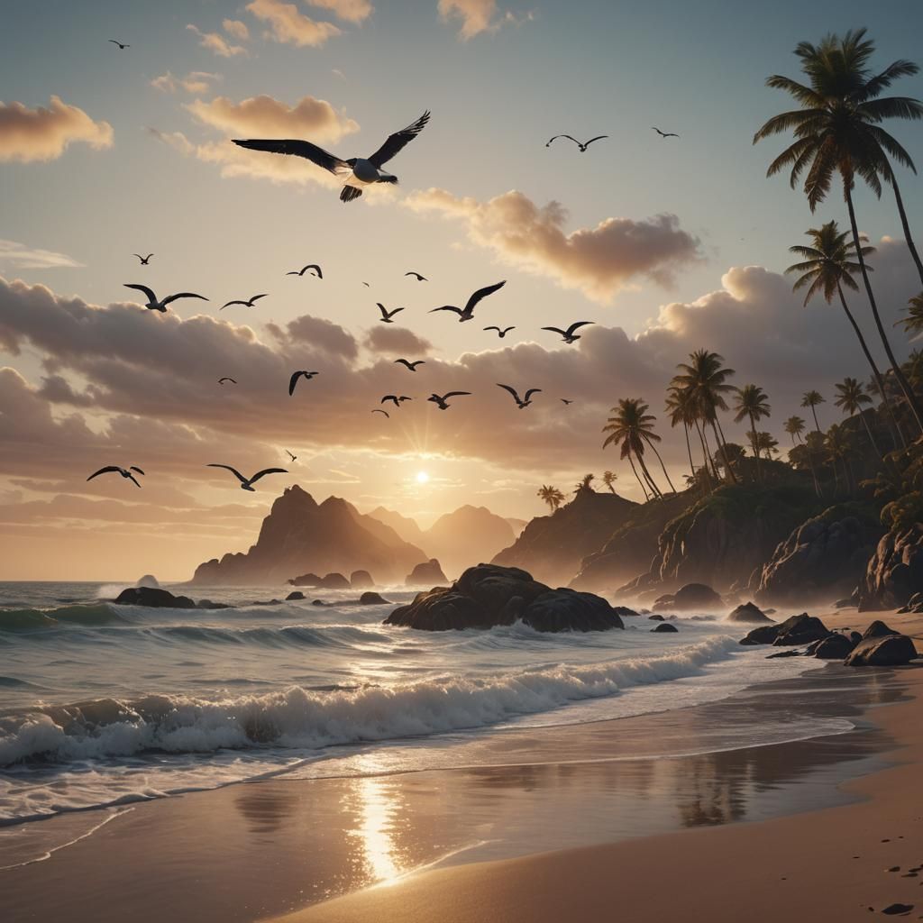 Serene Beach Sunrise with Seagulls: Digital Matte Painting