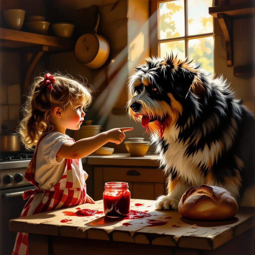 Girl Accuses Dog in Jam-Smudged Kitchen